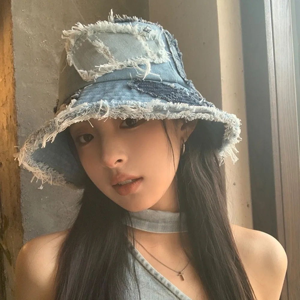 المتخصصة اليابانية الدنيم قبعة بحافة مرقع المتسول نمط الرجعية صياد قبعة الأزرق الربط الشمس حماية حوض قبعة للجنسين #4