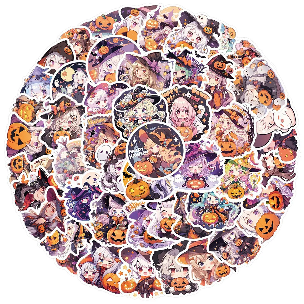 

10/30/50/100pcs Halloween Pumpkin Anime Girls Stickers for Laptop Bicycle Skateboard Waterproof Cute Cartoon Decals Decoration