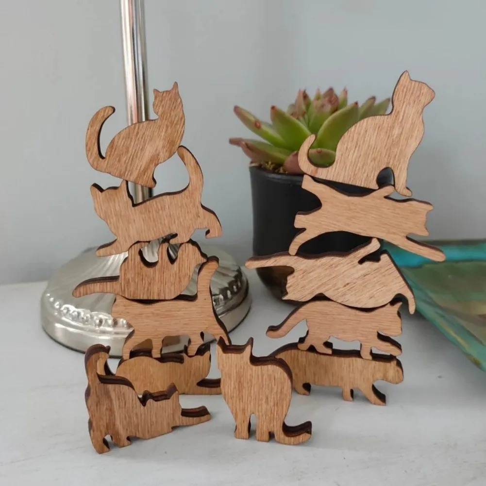 Wooden Cat Statue Home Decor Desktop Table Stacking Cat Ornament Mini Cat Crafts Stacking Wooden Tower Music Wooden Toy Gift