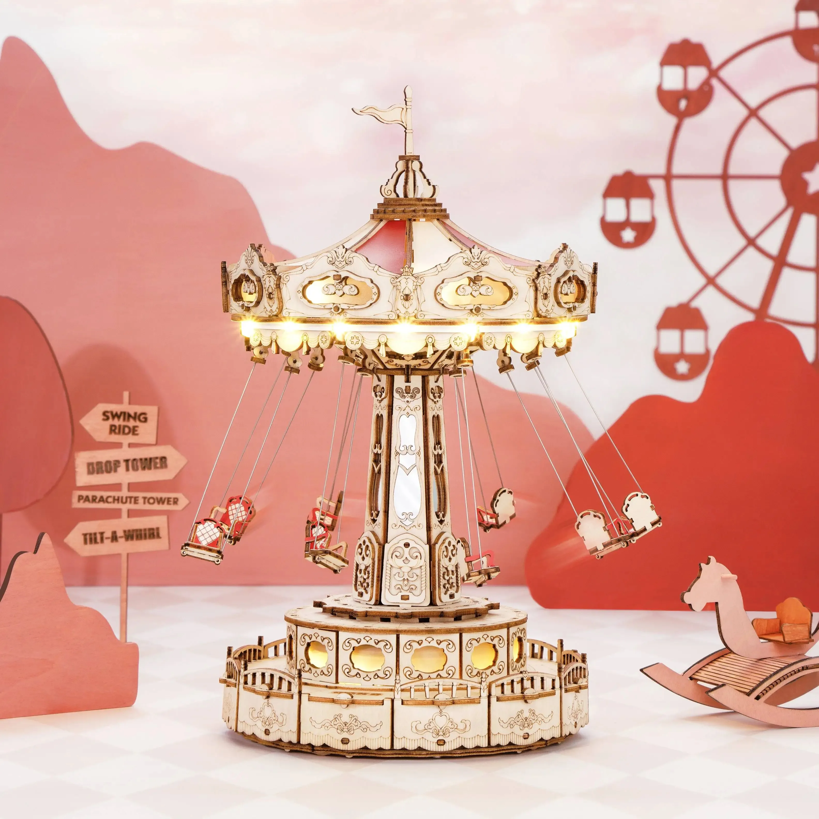 DIY Rotating Swing Ride Music Box with LED Lights - 3D Wooden Puzzle Building Kit for Teens & Adults, Unique Birthday Gift