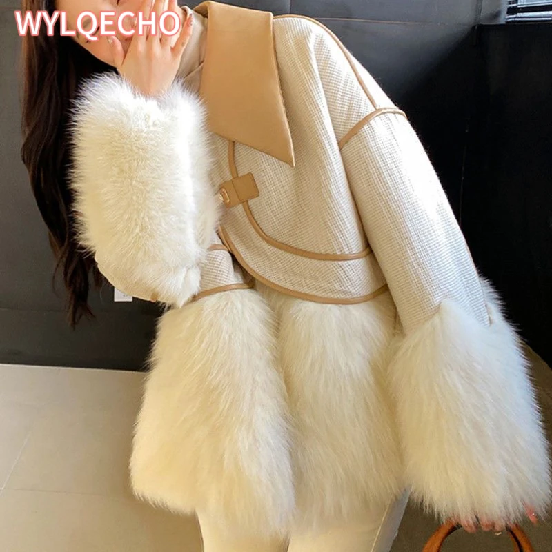 Winter Women High Quality Faux Fox fur Coat Luxury Fur Coat Loose Lapel Tweed OverCoat Thick Warm Parkas Female Plush Coats