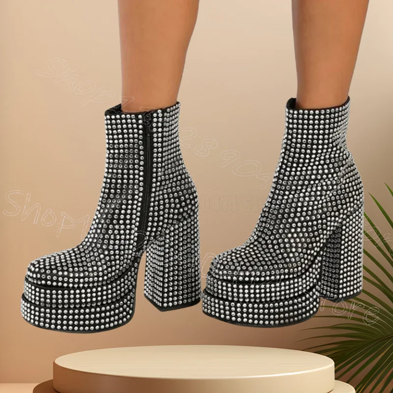 

Серебряные ботинки до середины икры на платформе со стразами, женская обувь на боковой молнии, обувь на массивном высоком каблуке, вечерние, праздник, свидание, 2025, Zapatos Para Mujere