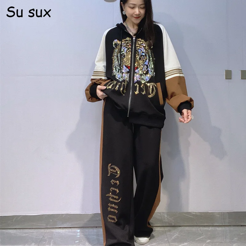Sequins Tiger Head Hooded Zipper Oversized Sweatshirts 2 Piece Sets Woman Big Size Bust 140cm 2026 Autumn Winter Casual Pant Set