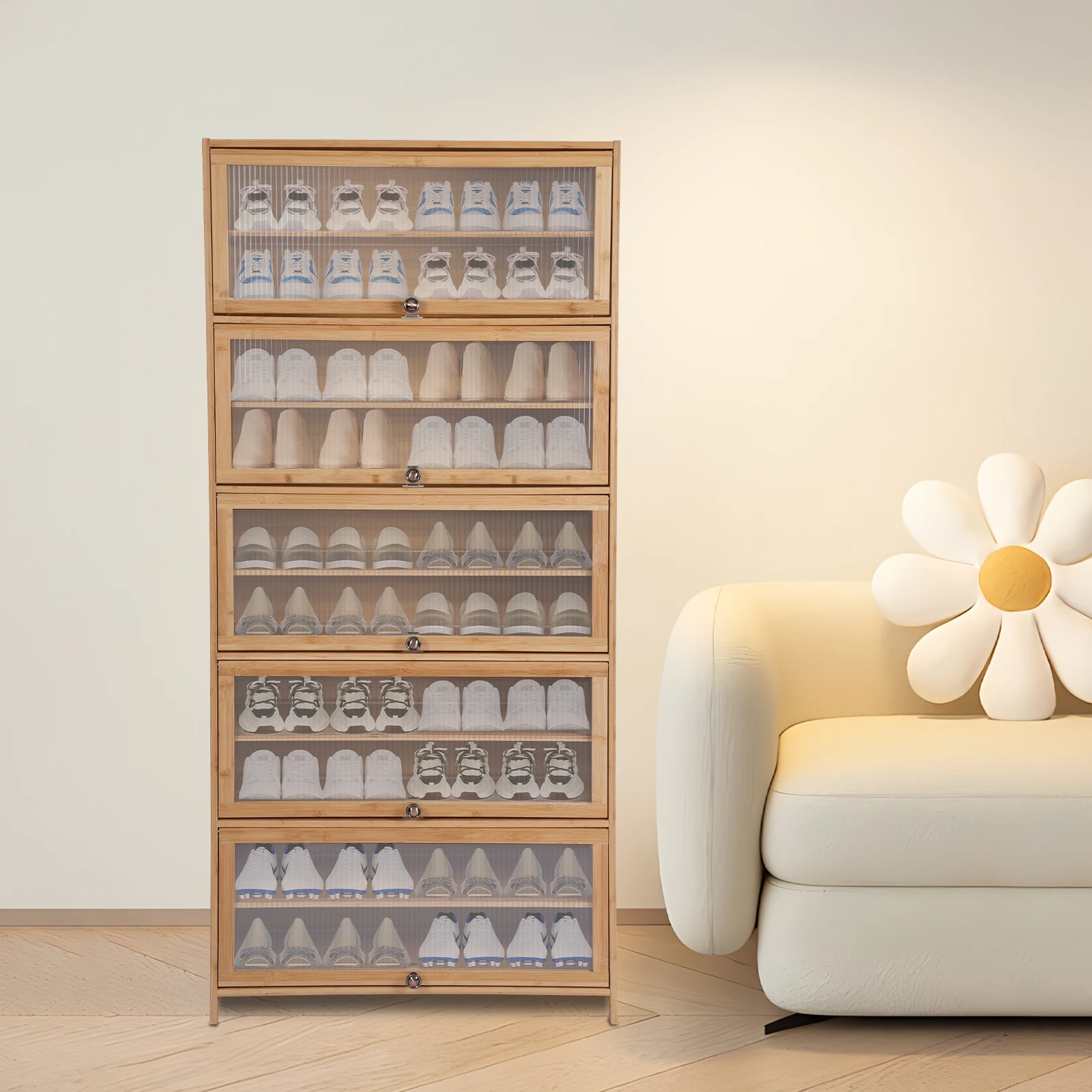 

Shoe Storage Cabinet - 10-Tier Free Standing Shoes Shelf, 31.5x12.6x67.72in, Brown, Clear Door, Magnetic Lock, Removable Panels