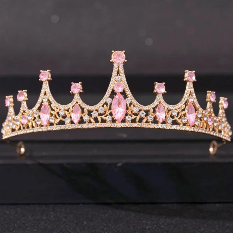 Pink Crystal Tiaras And Crowns For Women Bride Pink Rhinestone Prom Diadem Crown Tiara Bridal Wedding Hair Accessories Jewelry image 5