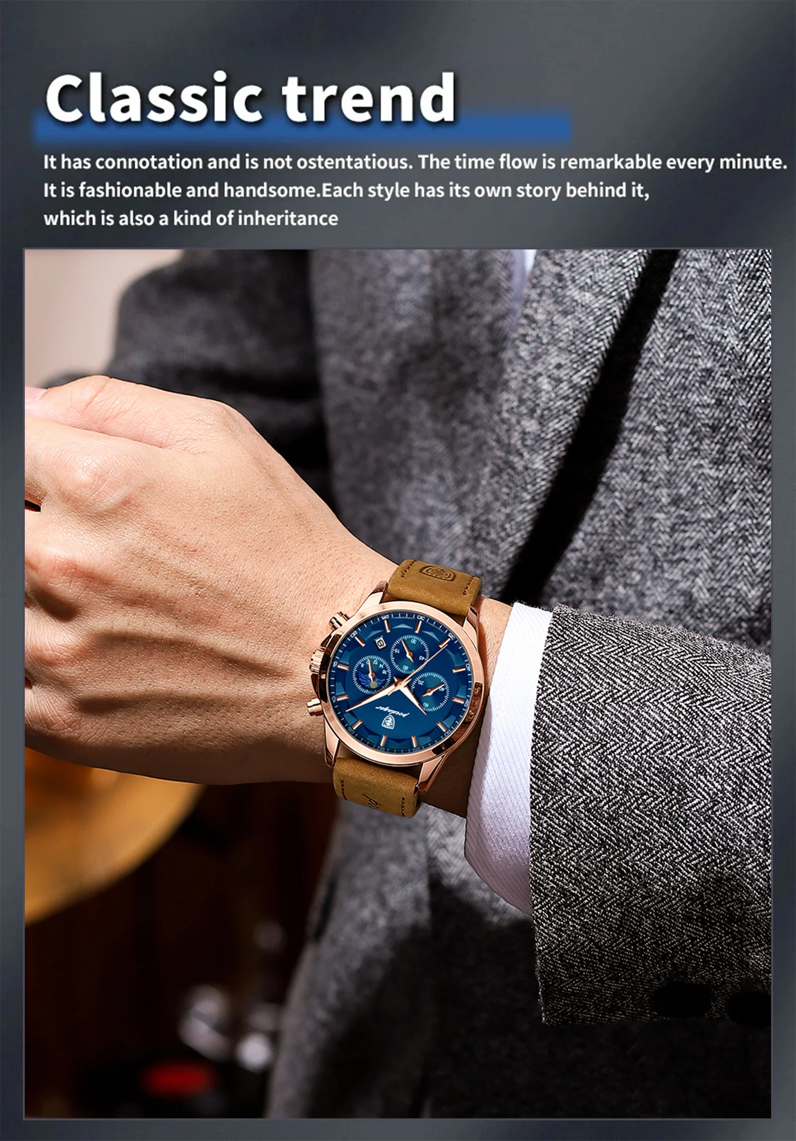 POEDAGAR Sport Luxus Männer Quarzuhr Wasserdicht Chronograph Leucht Datum Mann Armbanduhr Business Leder herren Uhren Uhr – Detail 6
