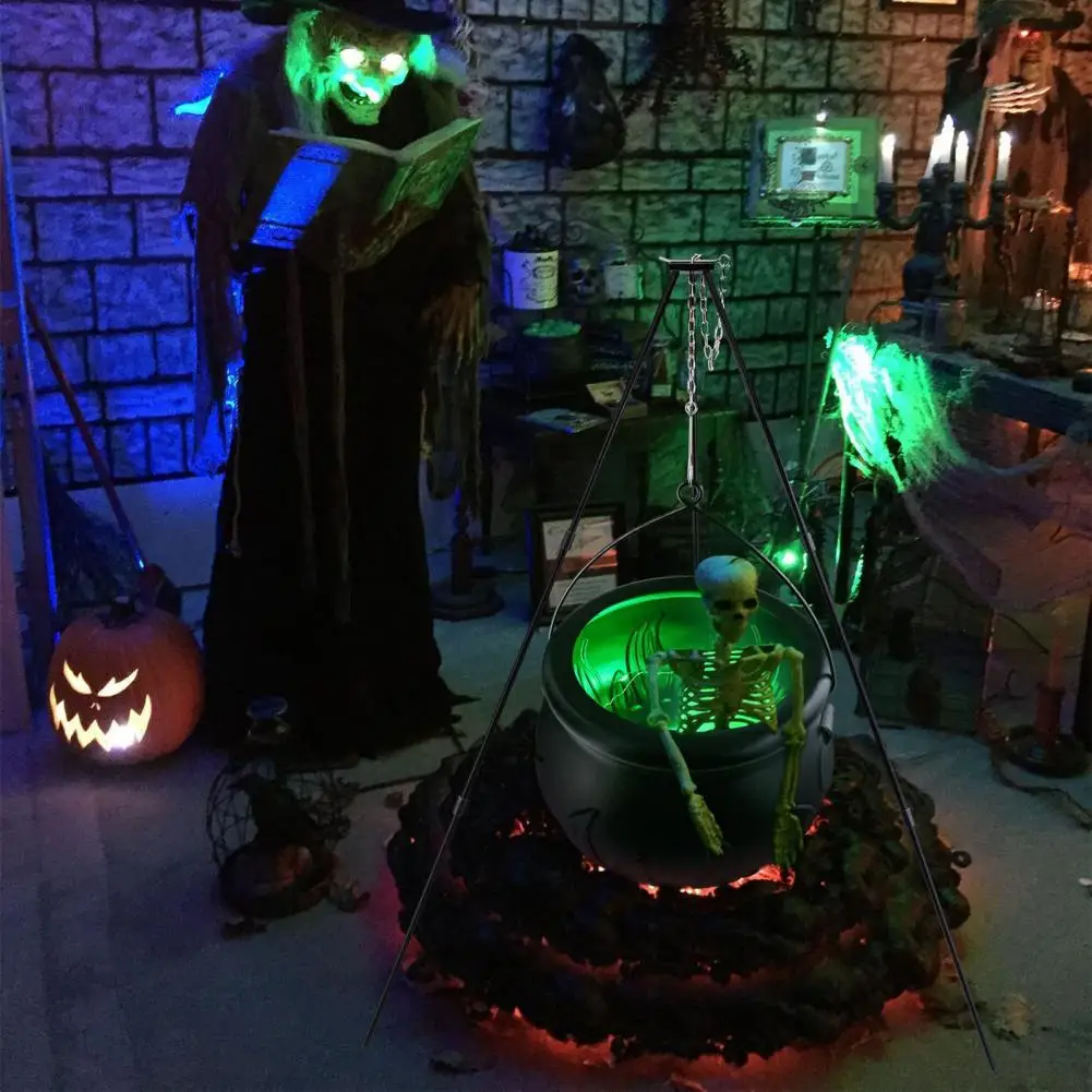 Penyihir Cauldron lampu meja menyeramkan Halloween Cauldron Dekorasi Set dengan lampu Led kabut pembuat permen Jar penyemprot mangkuk untuk pesta