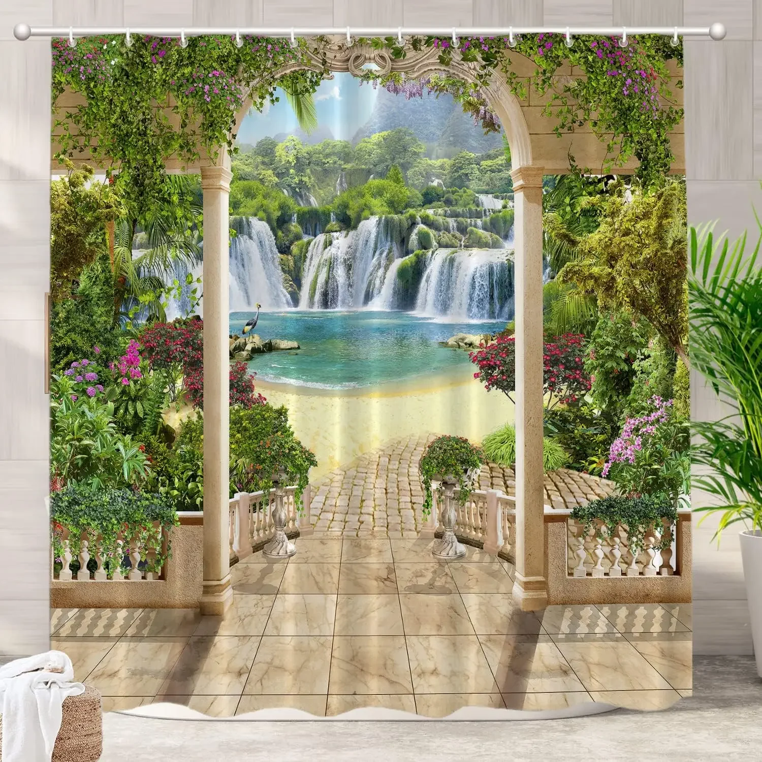 Waterfall Shower Curtain, Forest Waterfall Fall Landscape Outdoor Animal Sunset Bathtub Partition Bathroom Decorative