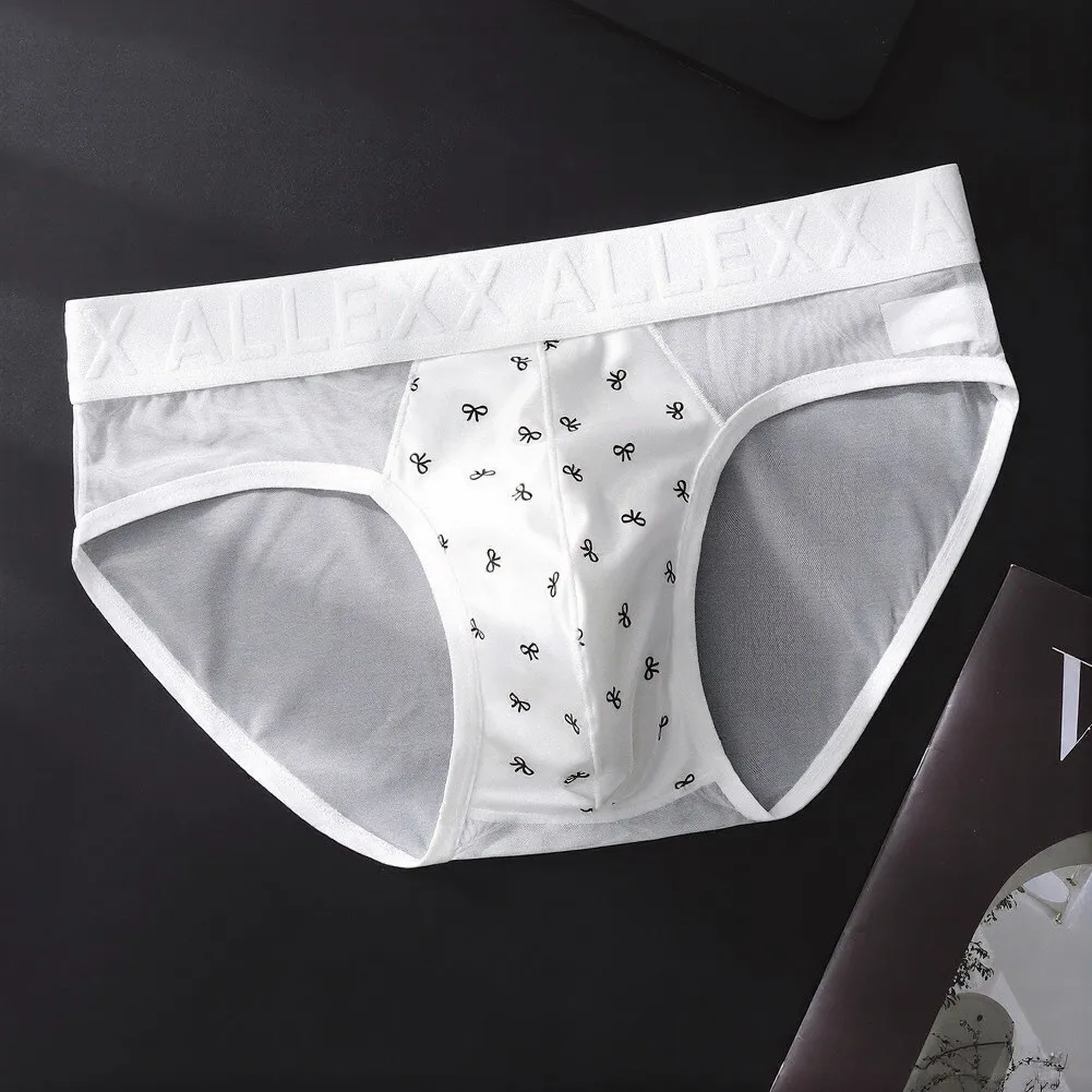 Men Thin Ice Silk Briefs Underwear Bulge Pouch Solid Mid-waist Jacquard Panties Sissy Underpants Male Sexy Panties
