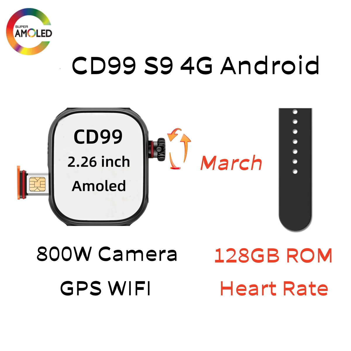 男性と女性のためのamoled画面を備えたスマートウォッチ,スマートウォッチ,wifi,GPS, 128GBのrom,アプリケーションのダウンロード,cd99,s16,s9,2.26インチ,8GB RAM,オリジナル