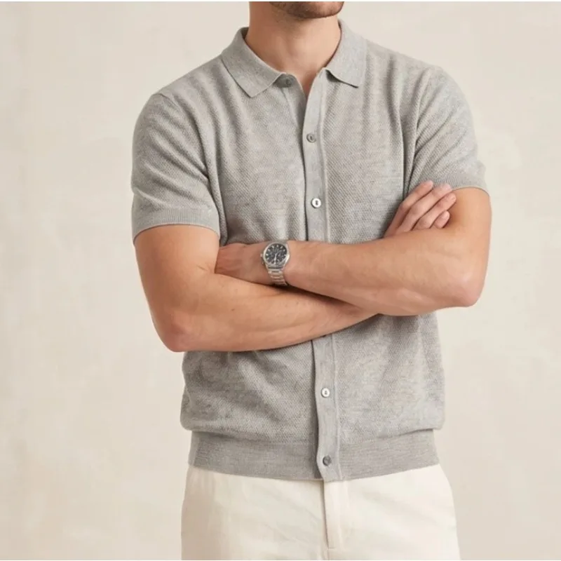Men's Summer Casual Style Knitted Short-sleeved T-shirt Skin-friendly Breathable Cardigan Top Men's
