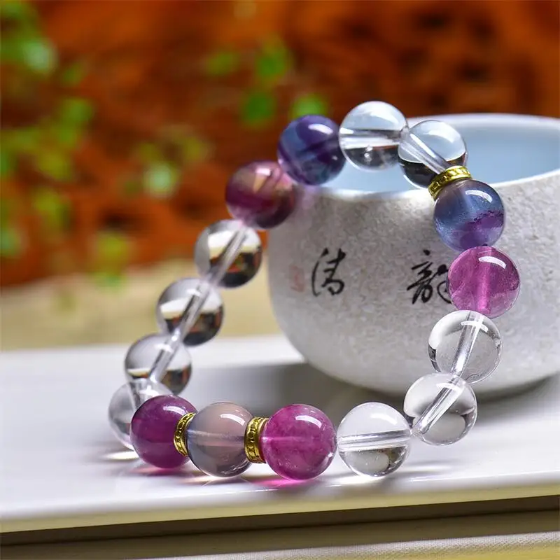

12MM Natural Fluorite And Clear Quartz DIY Bead Bracelet Healing Visuddhi Chakra Stress Yoga Energy Holiday Gift 1PCS