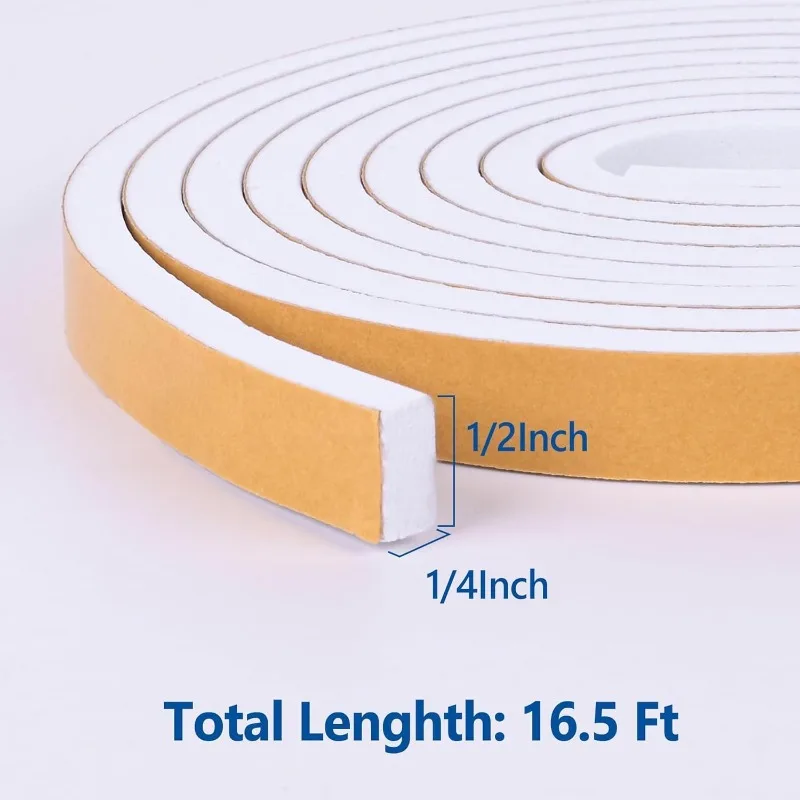 Self Adhesive Foam Tape Weatherstrip 1/2in x 1/4in x 16.5Ft High Density Foam Insulation Strips Seal Weather Stripping with Strong Adhesive for Door and Window Sound Isolation Soundproofing