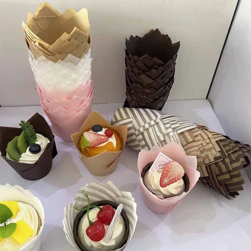 50Pcs Tulip Cake Cups, Oil-Proof Baking Cups, Various Styles to Choose From, Paper Muffin Liners, Suitable for Cakes and Desserts, Holiday Gatherings and Birthday Celebrations
