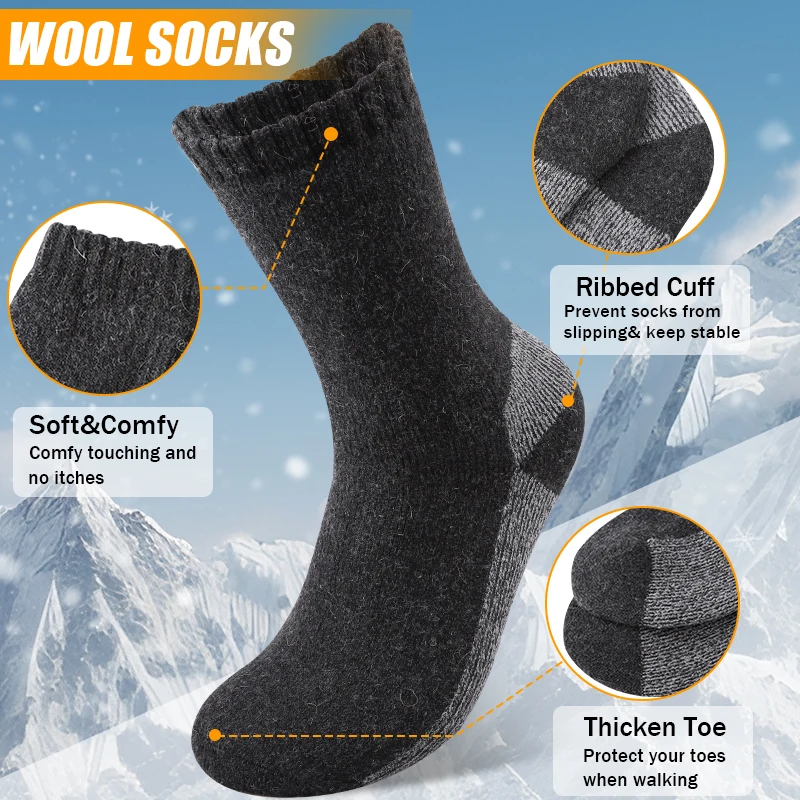 3 pares de calcetines de lana súper gruesos para hombres calcetines de lana merino contra la nieve fría calcetines de felpa calcetines de esquí de tubo medio gris negro suave