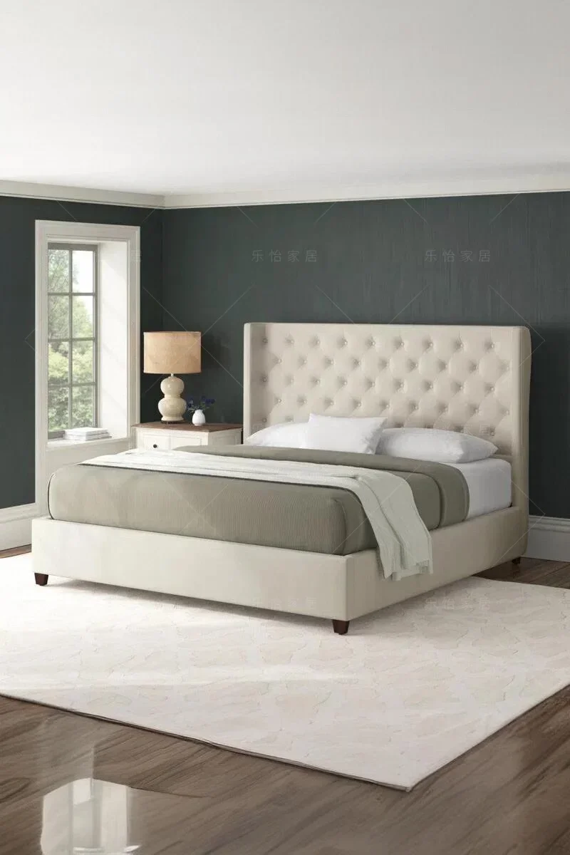 American Retro Fabric Bed French Entry Lux Velvet Modern Simple Master Bedroom Bed Pull Buckle Soft Bag 1.8 M