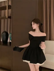 Elegant Lady Black Mini Evening Party Dress Strapless Slash Neck Mesh Stitching Hem A Line Dress Sexy Off Shoulder Slim Dress