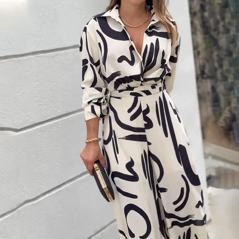 بذلة نسائية أنيقة عالية الخصر مطبوعة ، طية صدر بأكمام طويلة ، ساق واسعة بأزرار ، تنقل للسيدات ، موضة جديدة ، الخريف ،