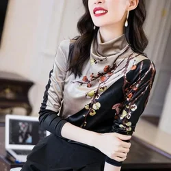 Spring Autumn Fashion Elegant Printed Spliced Half High Collar Tops Women's Clothing Korean Slim Long Sleeve Pullovers T-shirt