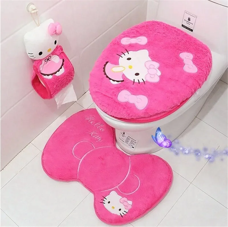 Cute Hello Kitty Toilet Seat Cover, Floor Mats, Caixa de tecido lavável, Soft Winter Mat, Acessórios quentes do banheiro doméstico