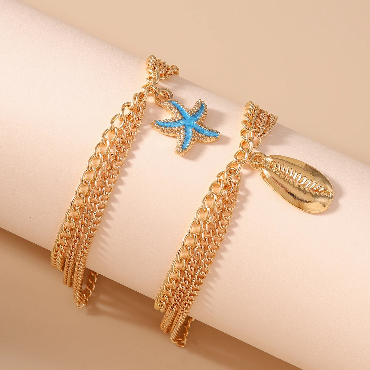Aihua Sommer-Strand-Bohemia-Fußkettchen in Goldfarbe mit Seestern- und Muschelmotiven für Damen, barfußes Fußkettchen, Fußschmuck, Geschenkidee. – Detail 1