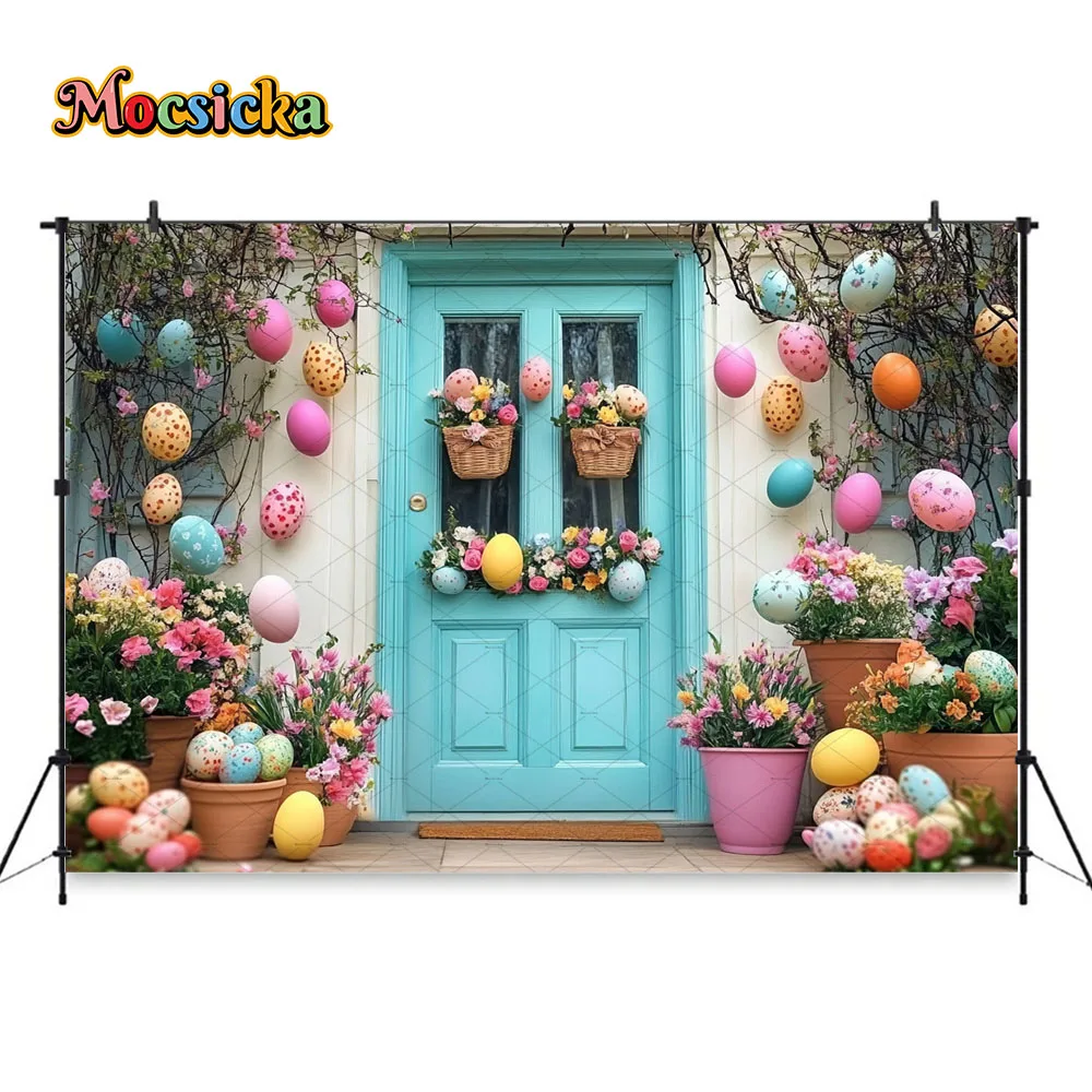 Mocsicka Primavera Pasqua Sfondo Fotografia Uova colorate Fiore Porta in legno Sfondo Kid 1° compleanno Torta Smash Photo Studio