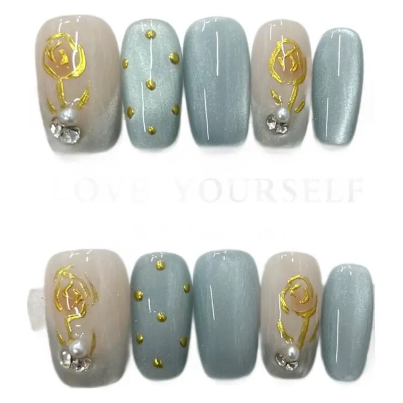 Press On Nails Sky Blue Cat Eye Hand Painted Gold Rose Cute  Sexy Style Luxury Medium Length Fake Nails Removable Reusable