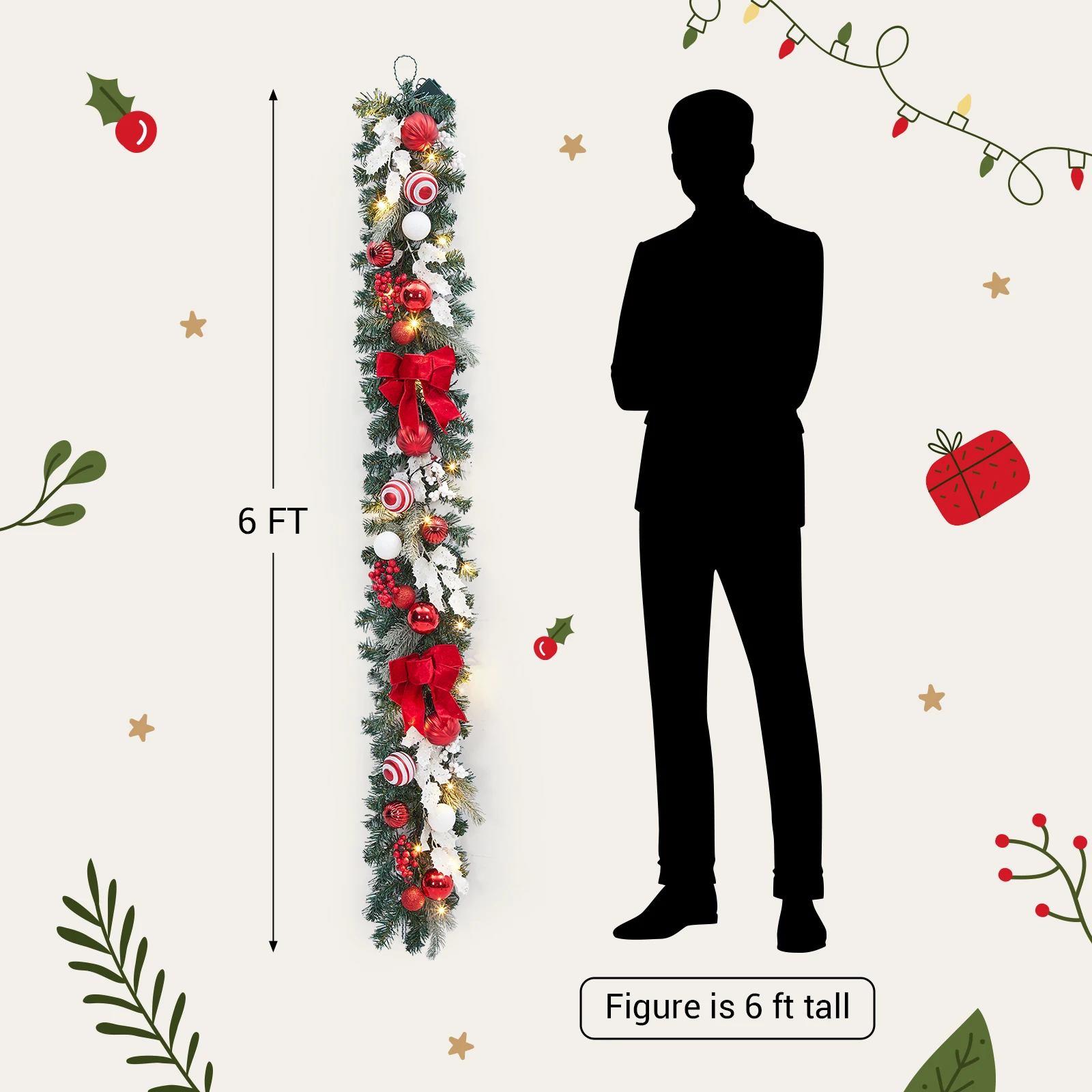 6 Ft Pre Lit Christmas Garland for Mantle, Lighted Christmas Garland with 20 Led Lights & Red Bows, Xmas Decorations for Outdoor Window Fireplace