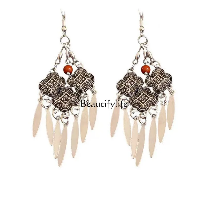 

National style retro ethnic style earrings, high-end long tassel Chinese style seedlings, silver.