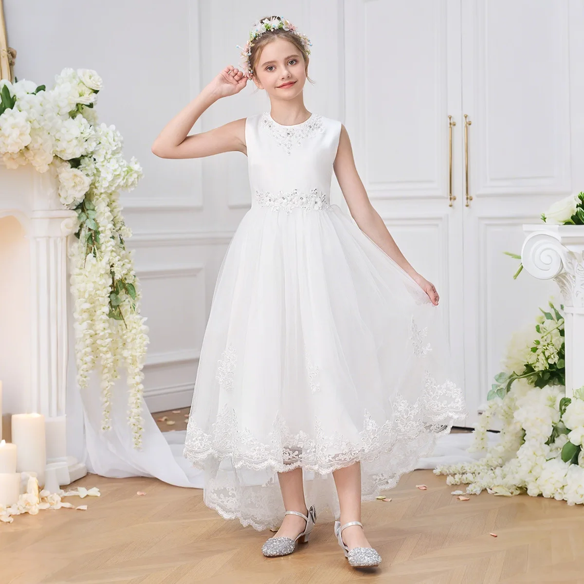 

Princess Girls Wedding Dress Formal White Costume for Baptismal Ceremony Children's Piano Performance Gown Kids Girl Clothes