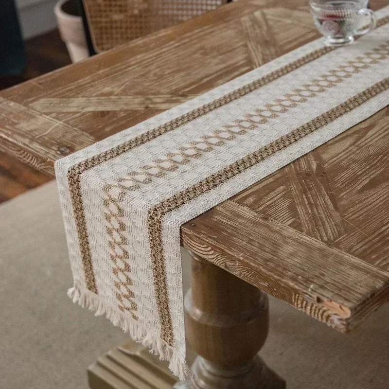 Boho Table Runner Burlap, Stripe Splicing Two-color Woven Tassel Natural TV Cabinet  Dining Table Runner Decoration