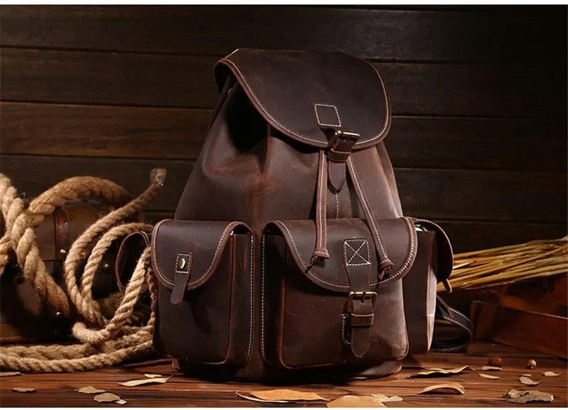 100% Genuine Leather Men Bag Vintage Crazy Horse Leather Backpacks Women Laptop Backpack Women School Backpack Men Free Shipping