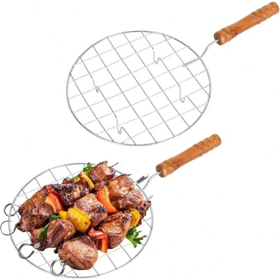 

【New style】2 Pack Round Cooking Rack 7.48-Inch Stainless Steel Wire Barbecue Rack Net With 5.31 Wooden Handle For BBQ Cooking