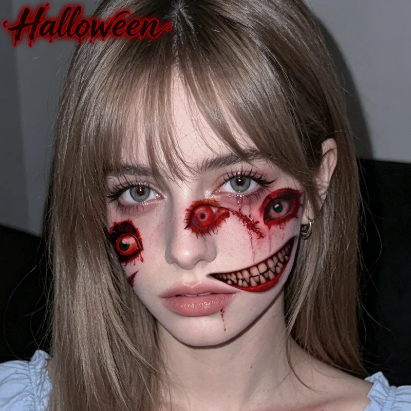 Halloween Horror Eyes Mouth Makeup Temporary Tattoo Stickers, Long-lasting and Waterproof, Party & Role-playing Makeup, Face Arm