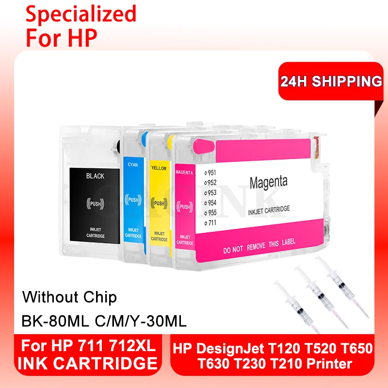 711 712 711XL 712XL Refill Ink Cartridge Without Chip For HP DesignJet T120 T520 T650 T630 T230 T210 Printer