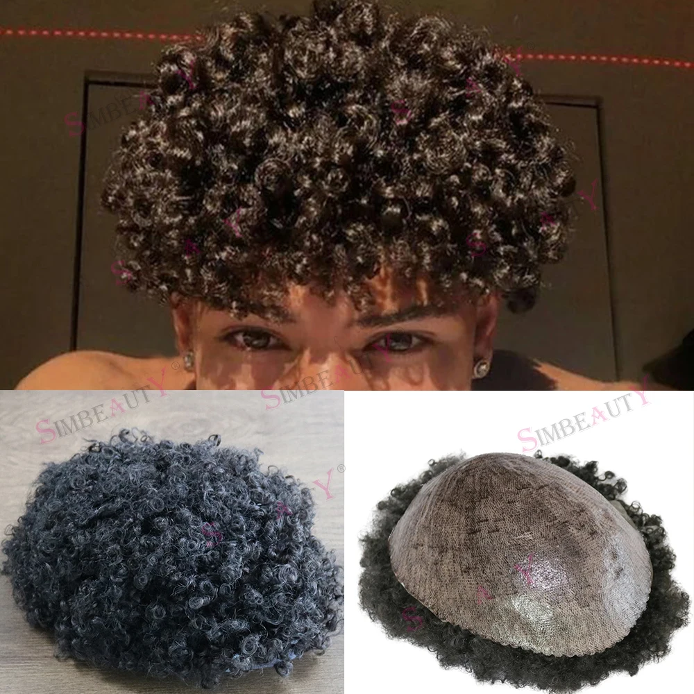 

Men's Afro Kinky Curly 100% Human Hair Wigs 8mm Toupee Unit For Black Men Super Durable Full Poly PU Thin Skin System Hairpiece