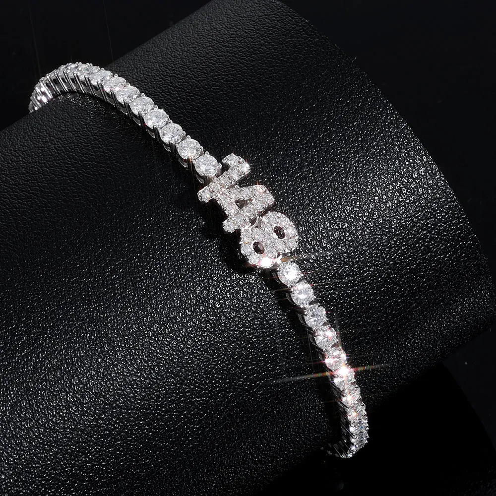 Nuoya Custom 3MM Moissanite Tennis Bracelet with Letter/Number Men Women Iced Out VVS1 925 Silver Bracelet Personalized Jewelry