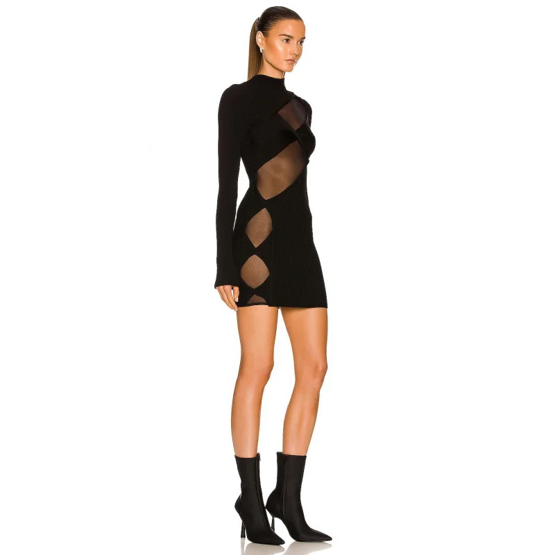 Nuovo arrivo Fashion Design Sheer Mesh Patchwork Mezza collo alto Abito lavorato a maglia nero Abito dalla fasciatura