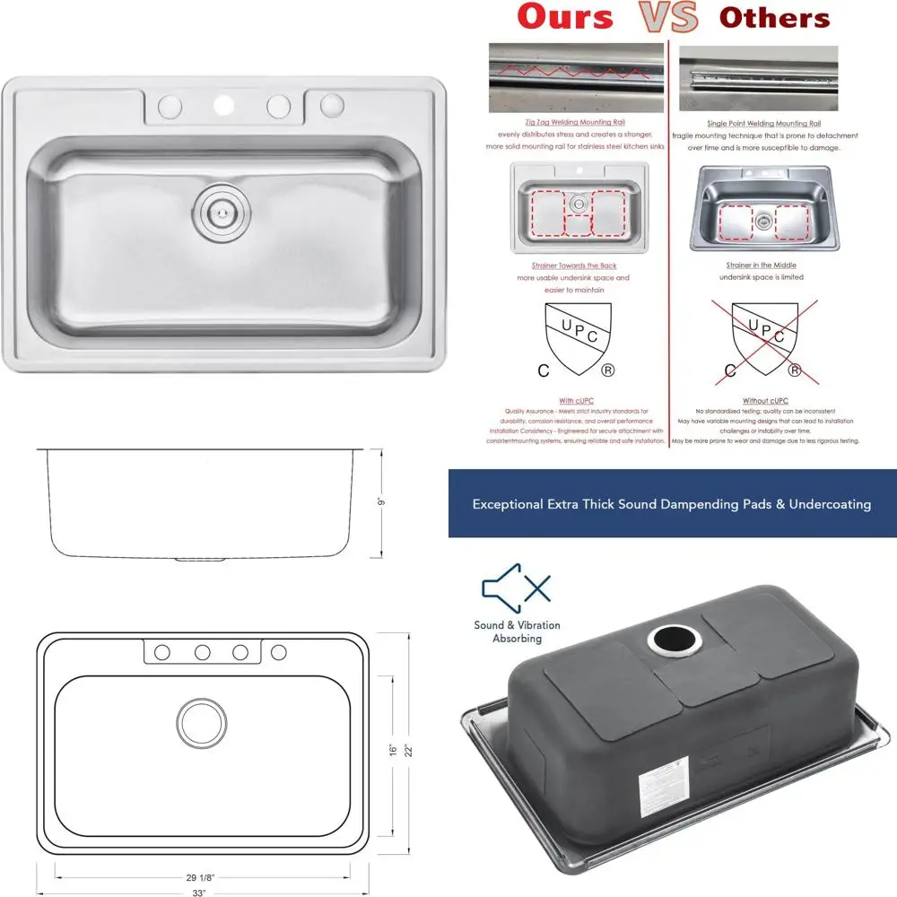

Stainless Steel Single Bowl Kitchen Sink - Drop In/Topmount, 33 Inch, Sink Only, Durable and Modern Design for Your Kitchen