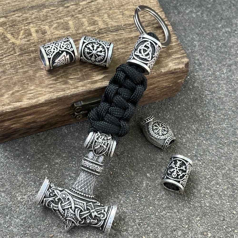 

Nostalgia 1Pcs Mjolnir Thor Hammer Amulet Vintage Keychains Black Paracord Runic Beads DIY Keyring For Men Women