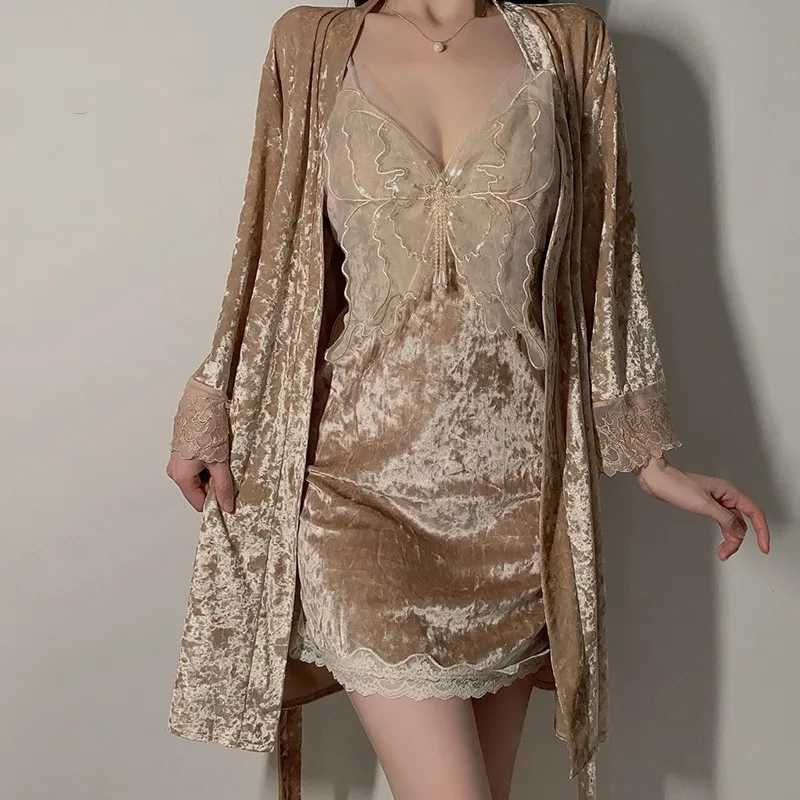 Butterfly Applique Velvet Lace Women Sleepwear Two-Piece Robe Sets Nightwear Nightdress Home Wear Kimono Robe Loungewear