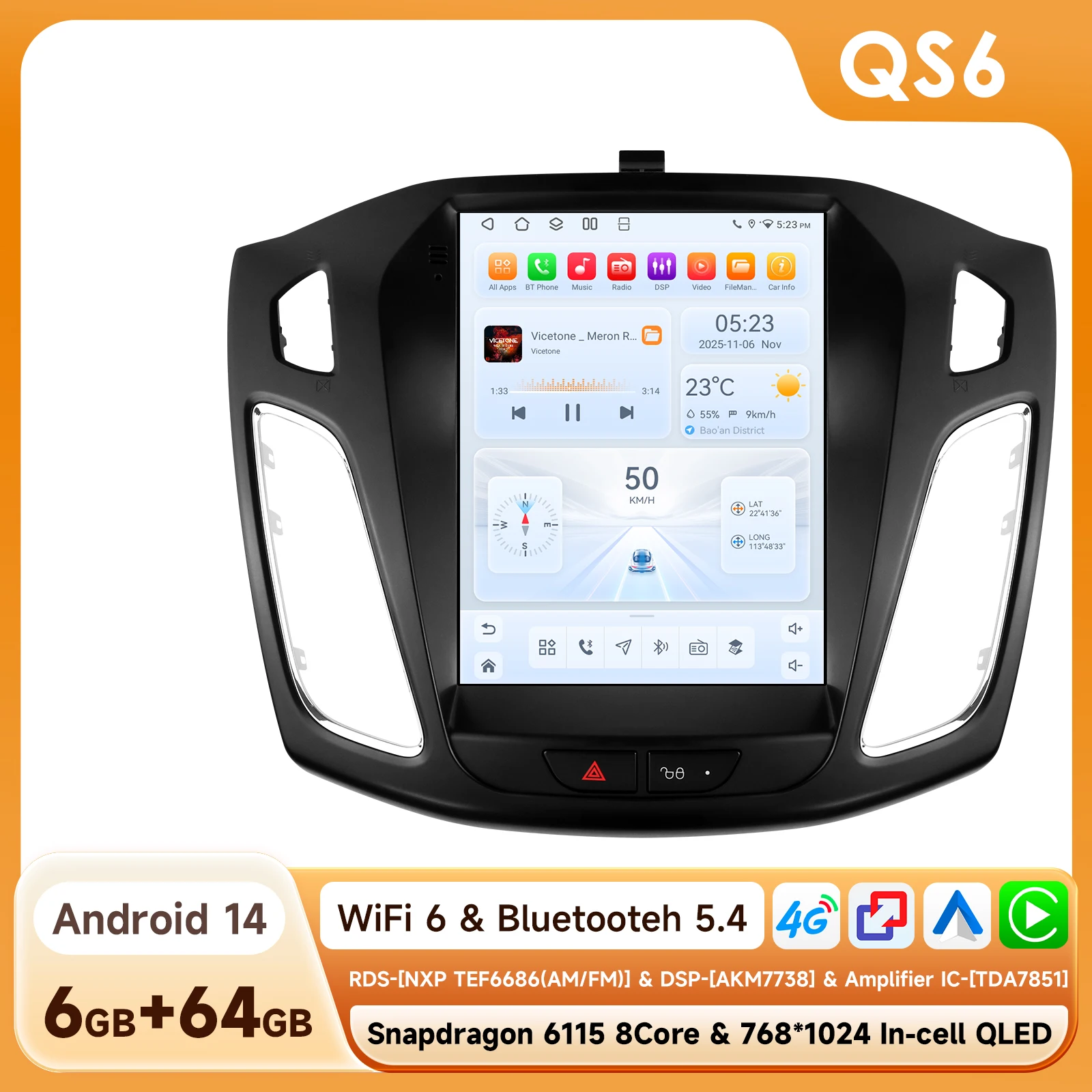 360Camera 9.7 inch 2 DIN Android 14 autoradio voor Ford Focus 3 MK 3 2011-2019 multimediasysteem Carplay autoradio 4G DSP 6115