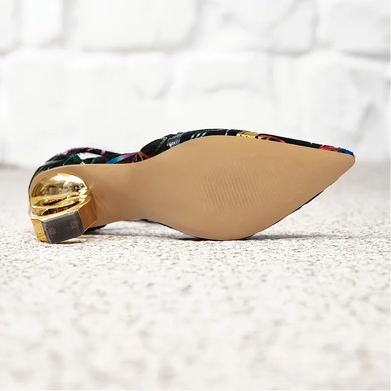 

Elegant black multi-colored abstract print pointed-toe high heels with stylish cross ankle straps and sculptural gold ring heel