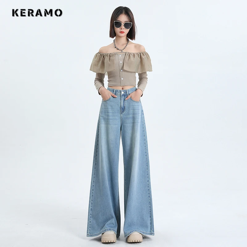 Jeans retrô americano de cintura alta extragrande para mulheres, calças largas casuais, streetwear Y2K Wide Leg Grunge, calça jeans azul