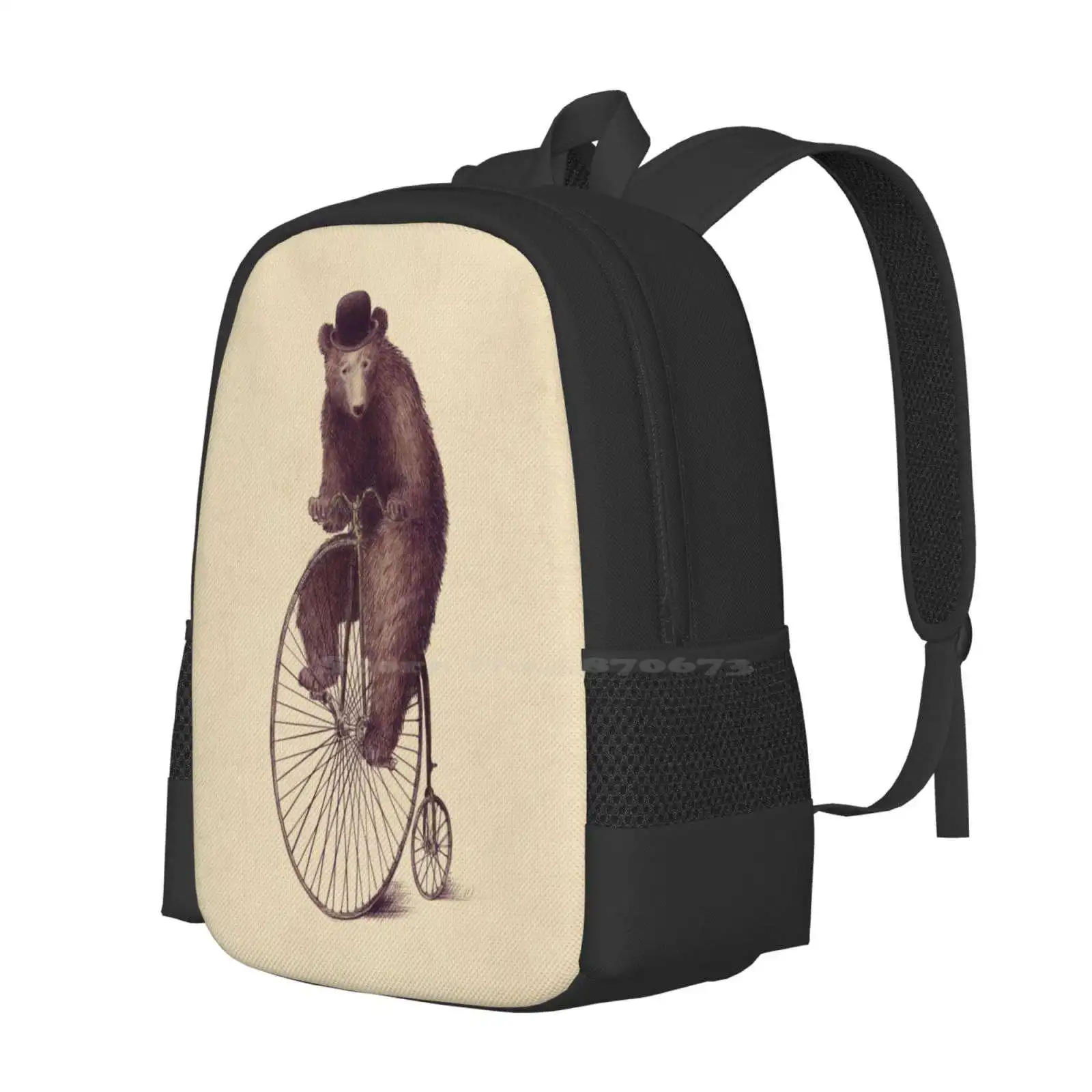 Morning Ride Hot Sale Backpack Fashion Bags Bicycle Penny Farthing Funny Vintage Bowler Hat Animals Whimsical Cute Bear Circus