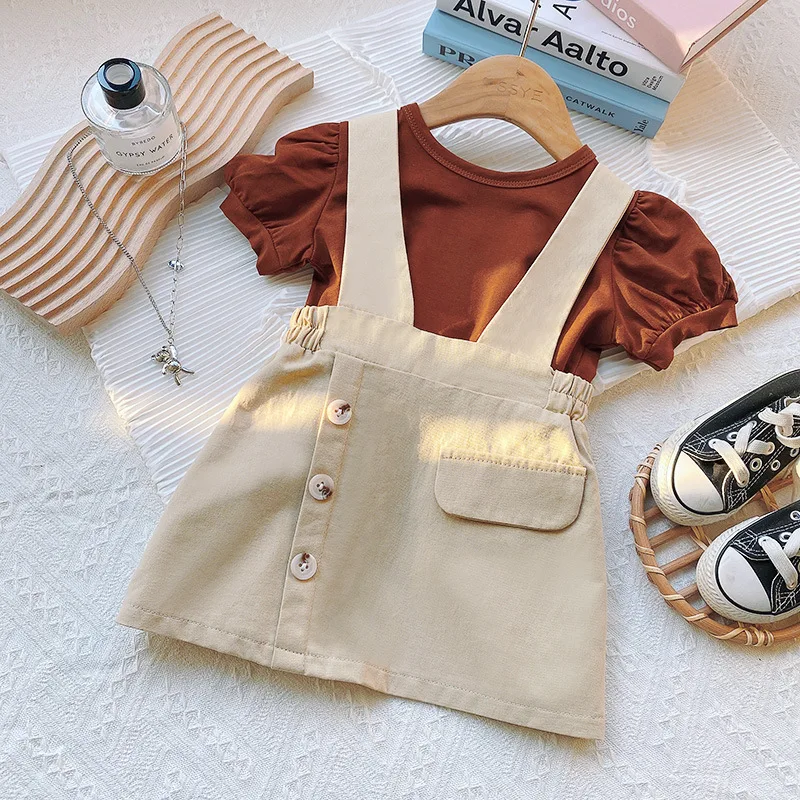 Fashion Girls Summer Clothes Set Korean Outfit for Girls Short Sleeve Solid Tops + Buttons Strap Dresses Children Clothing Suits