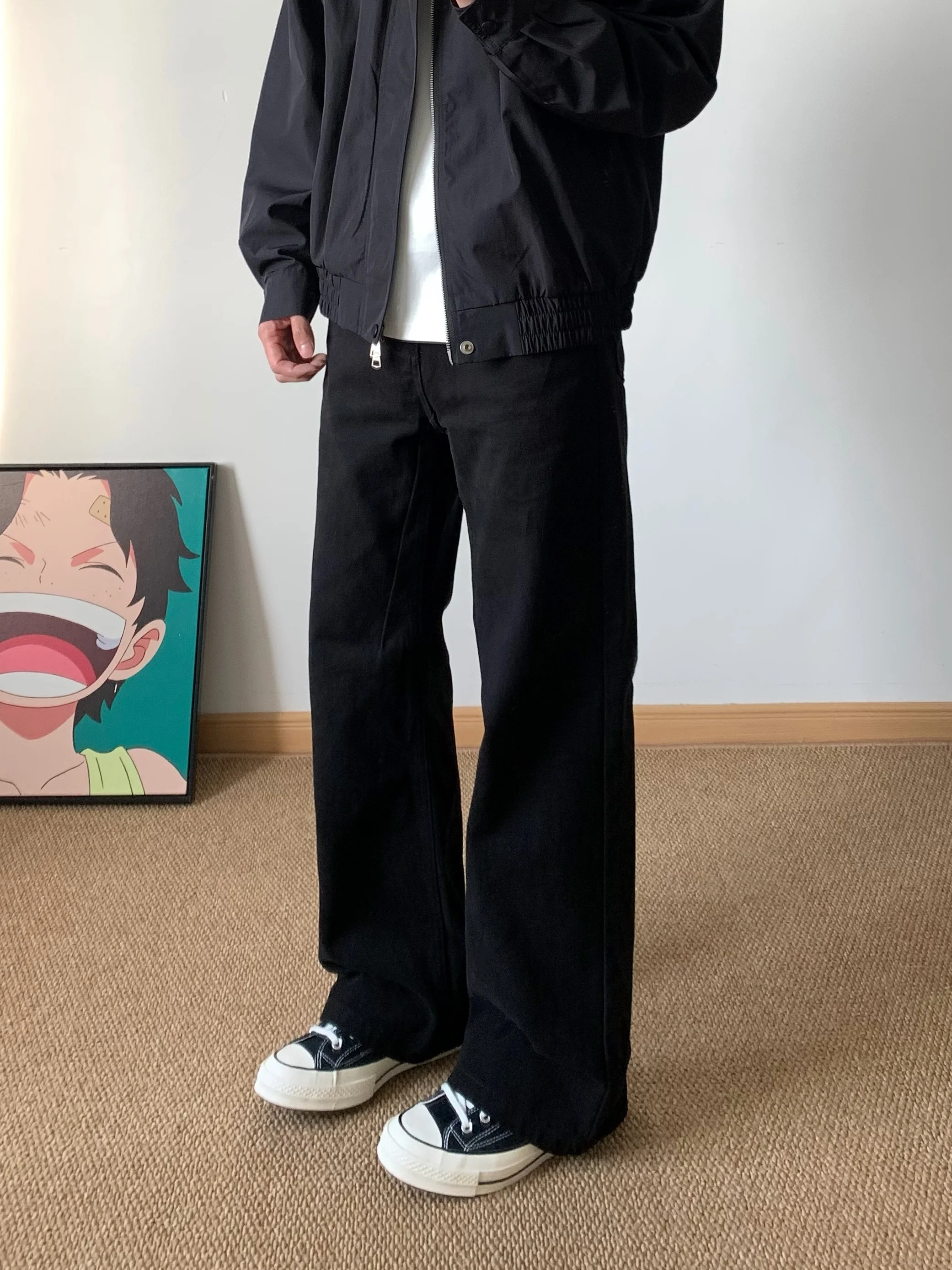 American Style Cleanfit Black Men's Loose Straight Leg Jeans Casual Commuter Trousers Basic Style Wide Leg Denim Pants