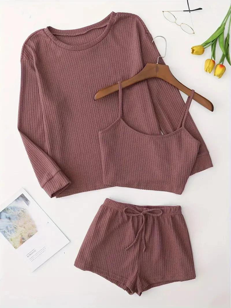 

Waffle Long Sleeve Tee+Tank Top+Elastic Waist Shorts Pajamas 2pcs Women Sets Solid Casual T-shirts Sprig Summer Homewear Suit