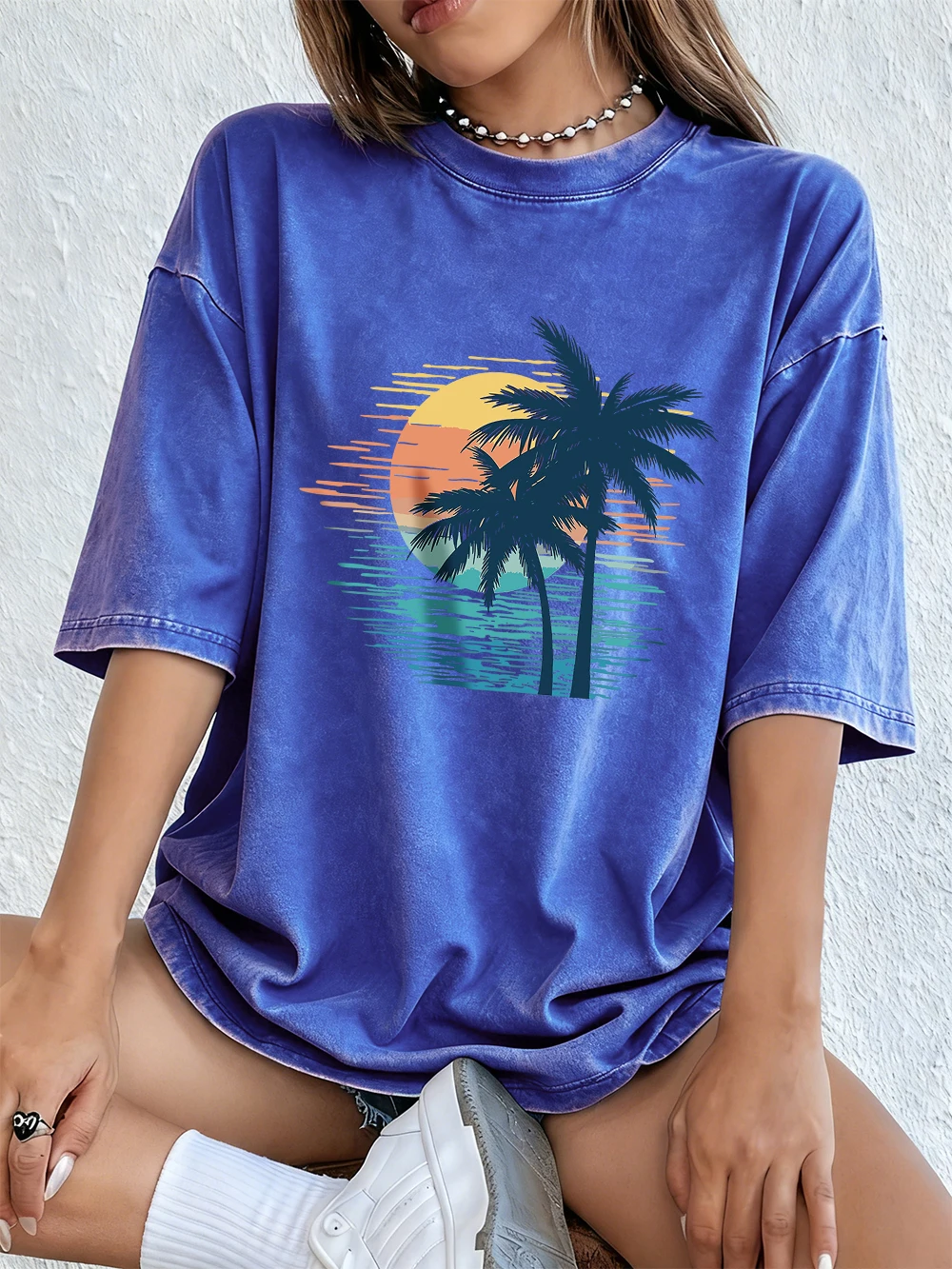 Sonnenuntergang Kokospalmen-Szene Baumwoll-Washed-T-Shirts für Damen – Sommerliche Basic Oversized Oberteile, bequem, weich, Distressed, O-Neck Streetwear – Detail 14
