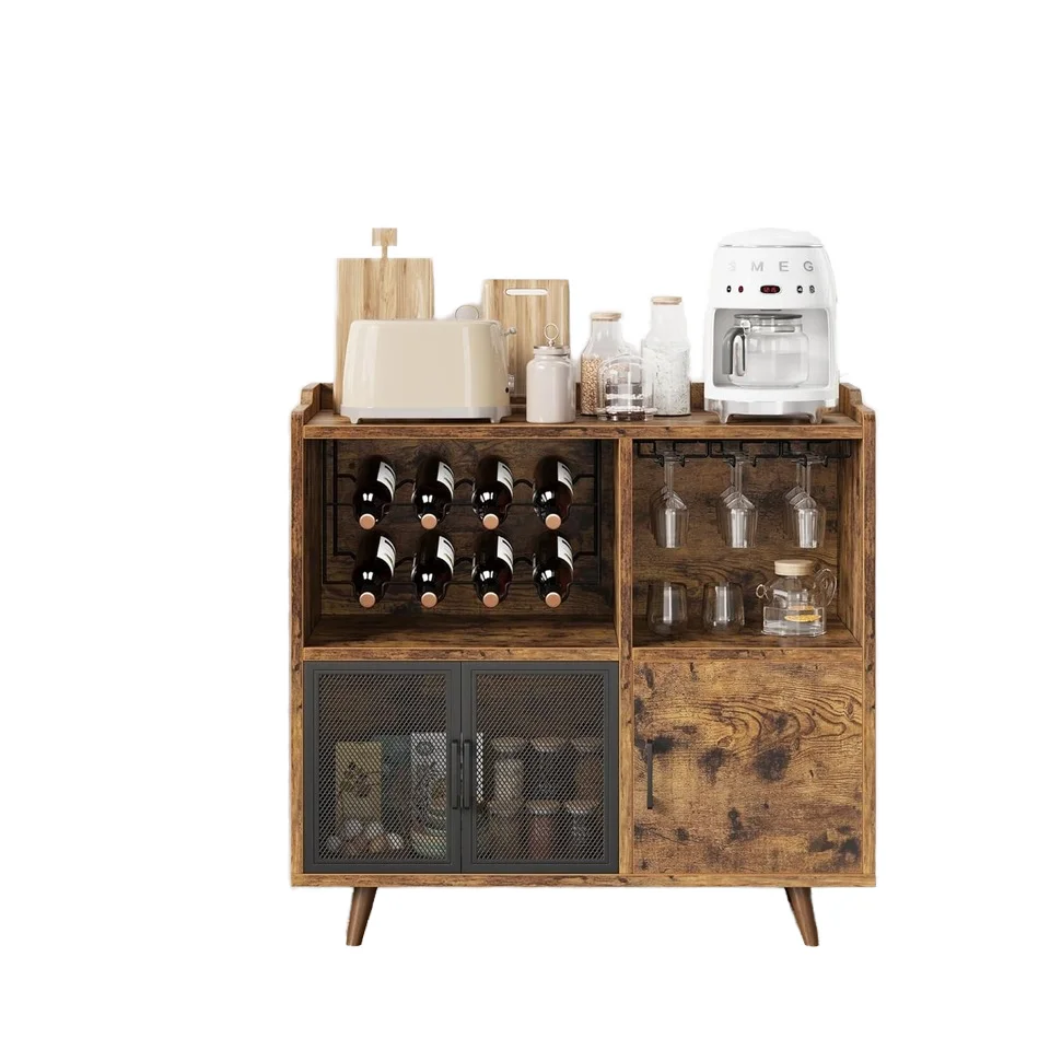 For Kitchen Dining Room Rustic Brown Wooden Wine Bar Cabinet with Adjustable Wine Rack Glass Hanger Sturdy Buffet Storage